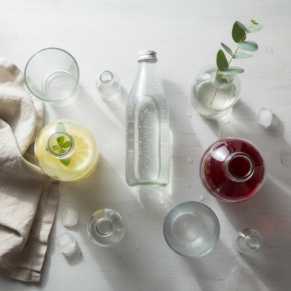 A vibrant, professionally styled flat lay photo featuring an array of sparkling clean glass bottles. Some bottles are filled with clear water, others with colorful liquids like homemade lemonade or juice, and one or two might hold simple green plant stems, showcasing their versatility as vases. The bottles are arranged aesthetically on a clean, light-colored surface, perhaps with gentle light reflecting off their pristine surfaces, emphasizing hygiene and multi-purpose use. The overall impression is one of freshness, cleanliness, and eco-friendliness.