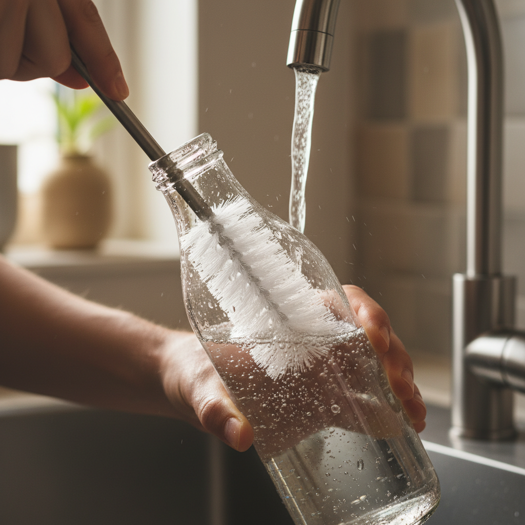 A detailed, close-up shot or realistic illustration capturing the action of cleaning a tall, slender glass bottle. A person's hands are visible, holding the bottle under a gentle stream of warm water, while a long-handled bottle brush with soft bristles is actively scrubbing the inside. Light suds and clear water droplets are visible, indicating thorough cleaning. The focus is on the essential tool and the methodical process, conveying effective hygiene. The background is softly blurred, keeping the attention on the cleaning process itself.