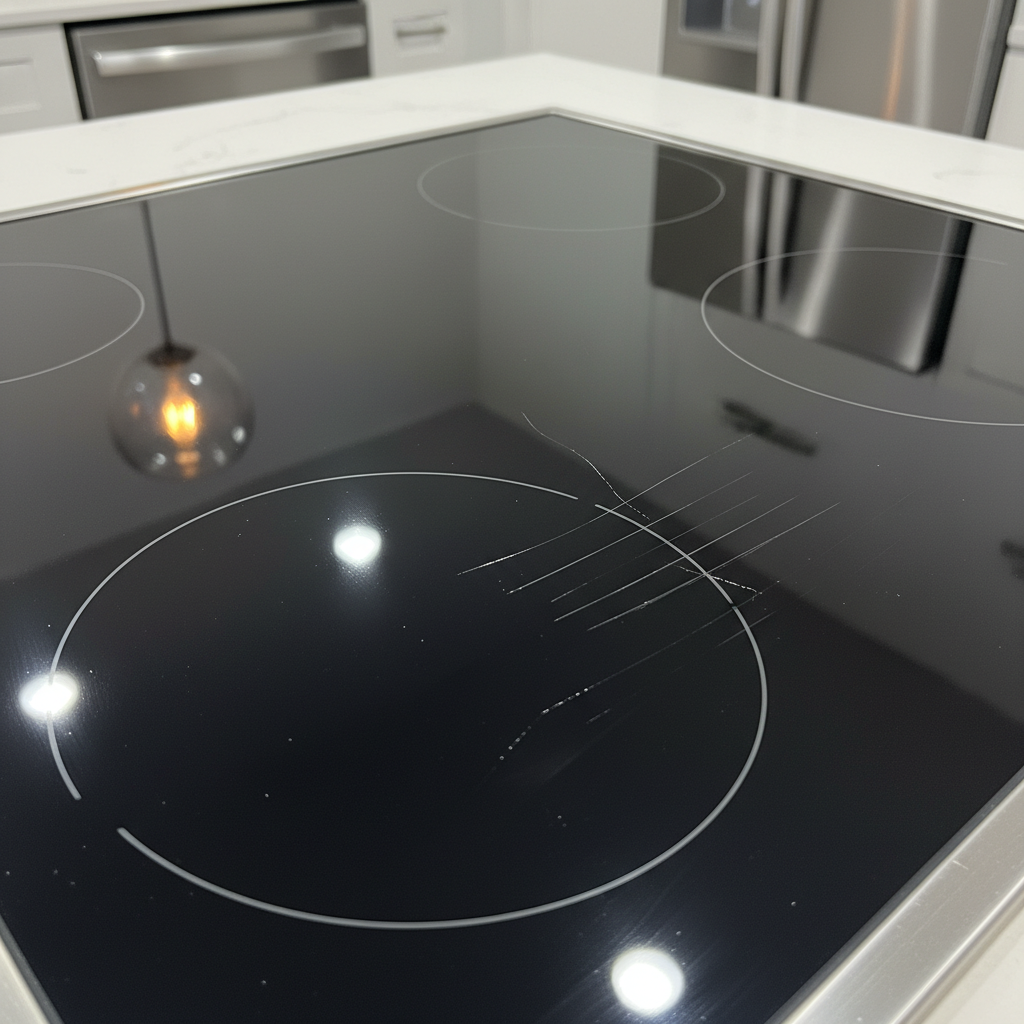 A close-up, high-angle professional photograph of a pristine, shiny black ceramic glass cooktop, but with several clearly visible, fine scratches marring its surface. The reflections of kitchen lights should be slightly distorted by the scratches, emphasizing their presence. The cooktop surface should look sleek and modern, contrasting sharply with the imperfections. The overall mood is one of slight frustration or a need for repair, highlighting the main problem discussed in the article.