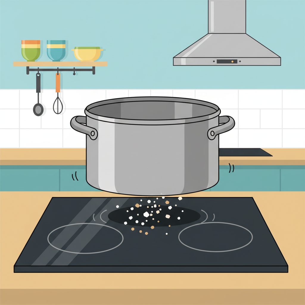 A stylized, flat illustration showing a cross-section or bird's-eye view of a ceramic glass cooktop. On the surface, a cooking pot with a smooth bottom is slightly elevated, and beneath its base, several small, hard particles (like sugar grains or sand) are clearly visible, hinting at their abrasive action against the cooktop. The background should be a clean, minimalist kitchen setting, emphasizing the common occurrence of this issue in everyday cooking. The color palette should be modern and inviting.