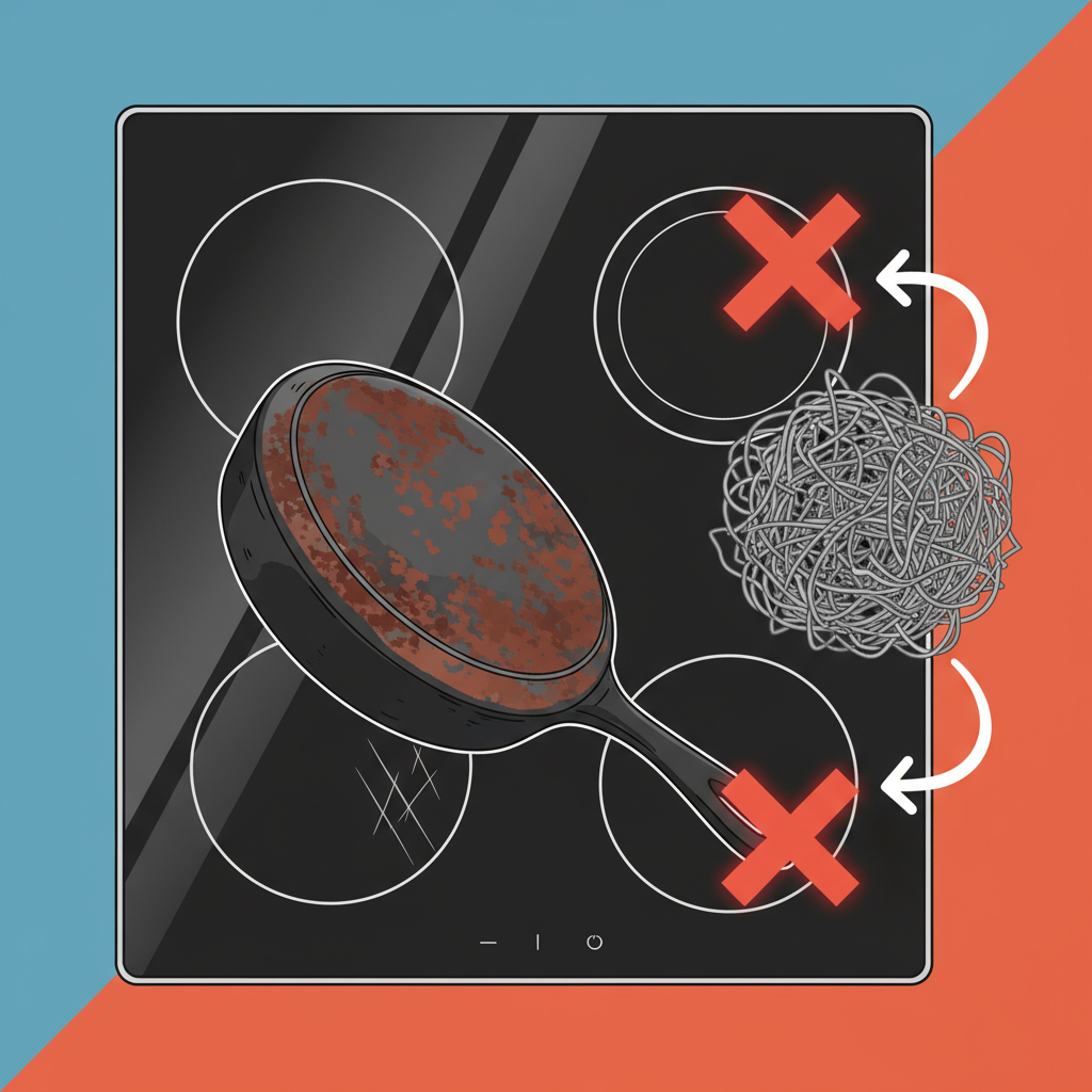 A vibrant, modern infographic-style illustration depicting the 'wrong tools' for a ceramic cooktop. On one side, a sleek black ceramic cooktop surface is shown. Adjacent to it, a cast-iron skillet with a visibly rough, textured bottom is placed precariously close, as if about to be dragged. On the other side, an aggressive, coarse steel wool scrubber is positioned, implying harsh cleaning. The overall composition should clearly differentiate between the delicate cooktop and the damaging items, using clean lines and a professional but illustrative aesthetic.