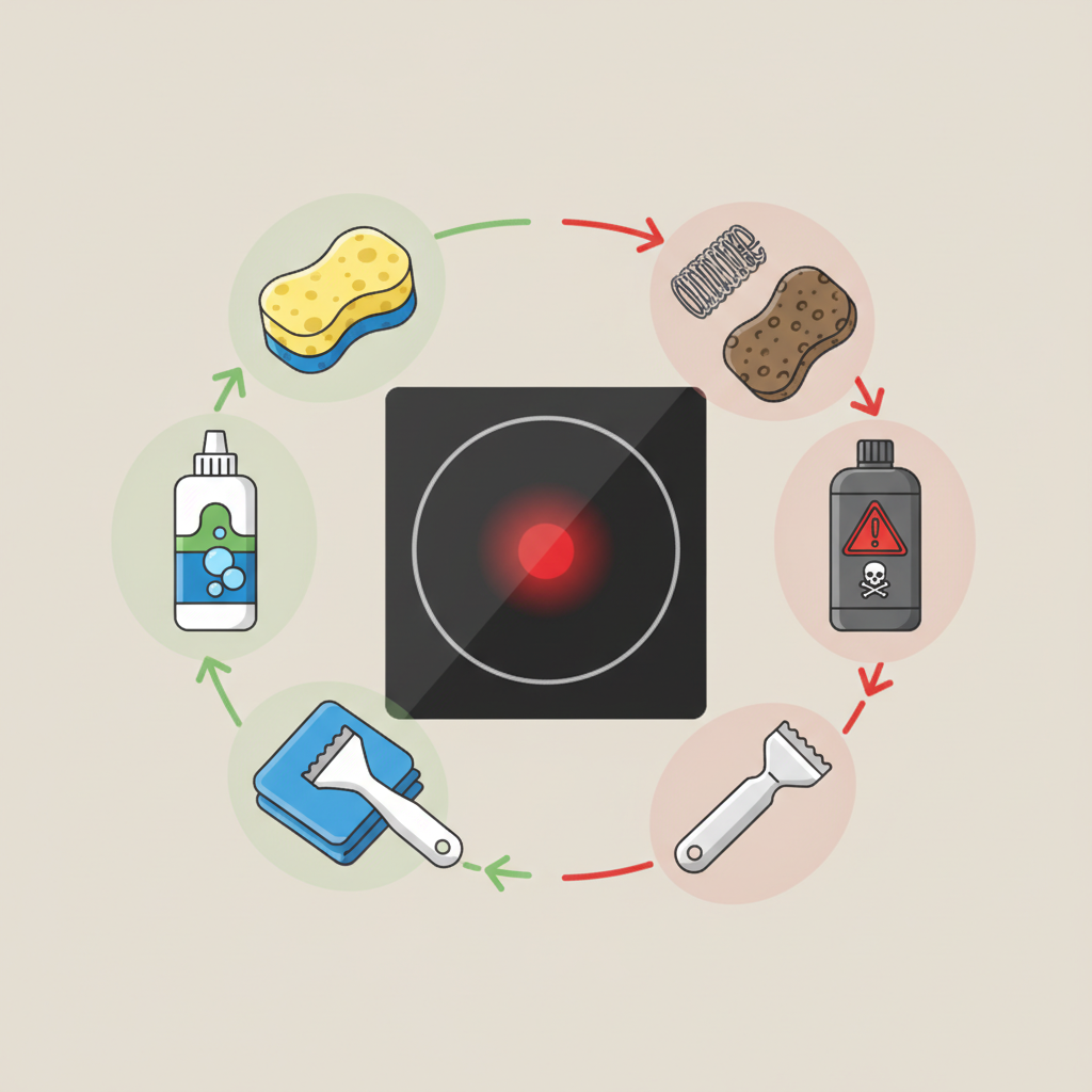 An infographic-style illustration depicting various cleaning tools and products arranged around a stylized glaskeramik hob burner. On one side, gentle and recommended items are shown: a soft sponge, a microfibre cloth, a specialized ceramic hob scraper (plastic blade), and a bottle of ceramic hob cleaner. These items are depicted with a positive visual cue. On the other side, common but harmful items are shown: a wire brush, an abrasive scouring pad, a bottle of harsh chemical cleaner (generic, non-branded), and a metal scraper. These harmful items have a negative visual cue. The overall style should be a clean, modern flat illustration with clear, distinct icons and a muted color palette.