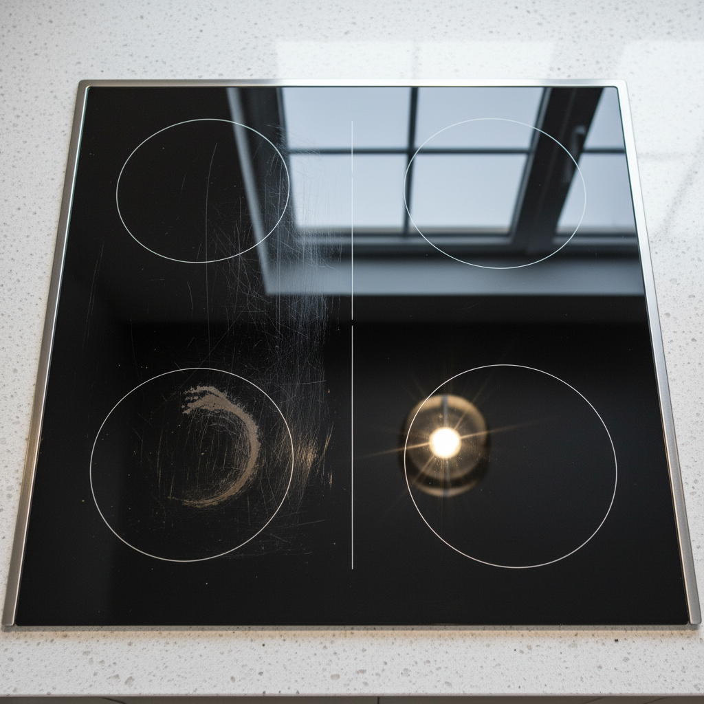 A modern, sleek ceramic glass cooktop is depicted from a slightly elevated angle. The left half of the cooktop is visibly marred with fine scratches, dull spots, and perhaps a faint, hard-to-remove stain, appearing lacklustre and reflecting light poorly. The right half of the cooktop gleams with a brilliant, highly reflective shine, showing crisp, clear reflections of an unseen light source, looking perfectly pristine and new. A subtle, visually distinct dividing line separates the two states. Professional photo with emphasis on surface texture, contrast, and reflections.