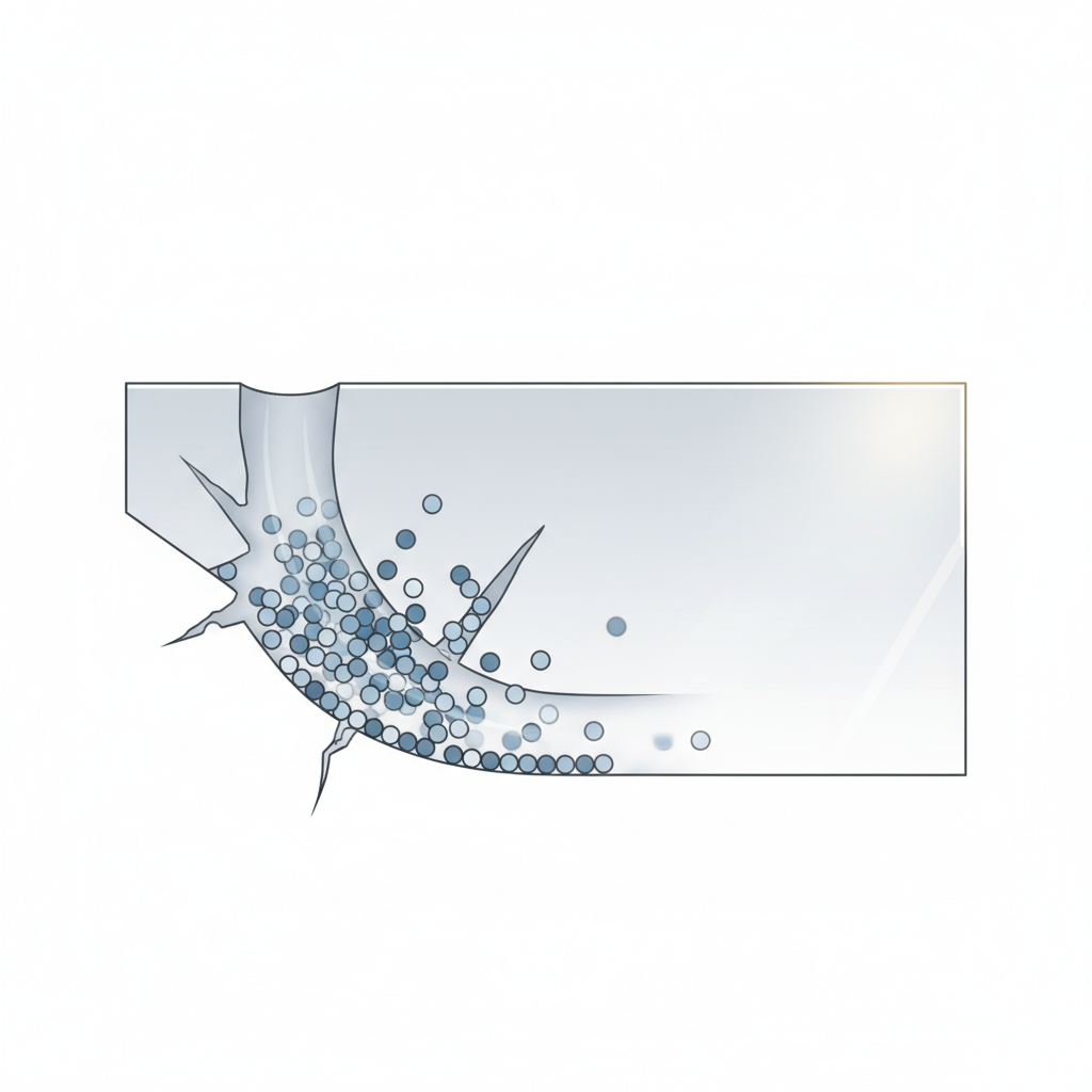A close-up, abstract illustration of a ceramic glass surface. On one side, a magnified, microscopic view reveals a subtle, shallow groove representing a scratch or imperfection. Tiny, numerous spherical particles, representing the polishing paste, are shown actively working within this groove, gently smoothing out its edges and filling the unevenness. The area where the particles are acting smoothly transitions into a perfectly flat, highly reflective surface, demonstrating the restoration of the material's original shine. Flat illustration or infographic style with clean lines and a clear visual process.