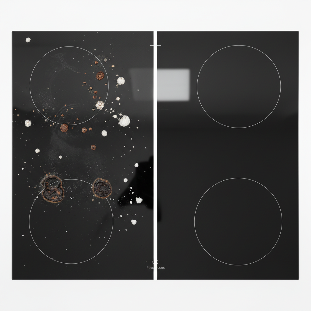 A professional, bright studio photograph featuring a ceramic hob. The image is divided into two clear sections. The left section shows the hob with visible common imperfections: distinct burnt-on food residues, a few prominent limescale spots, and a subtle dullness on the surface. The right section displays the exact same hob, now impeccably clean, sparkling, highly reflective, and free from any blemishes or dullness, appearing pristine and new. The overall composition highlights a dramatic 'before and after' effect, emphasizing radiance and cleanliness.