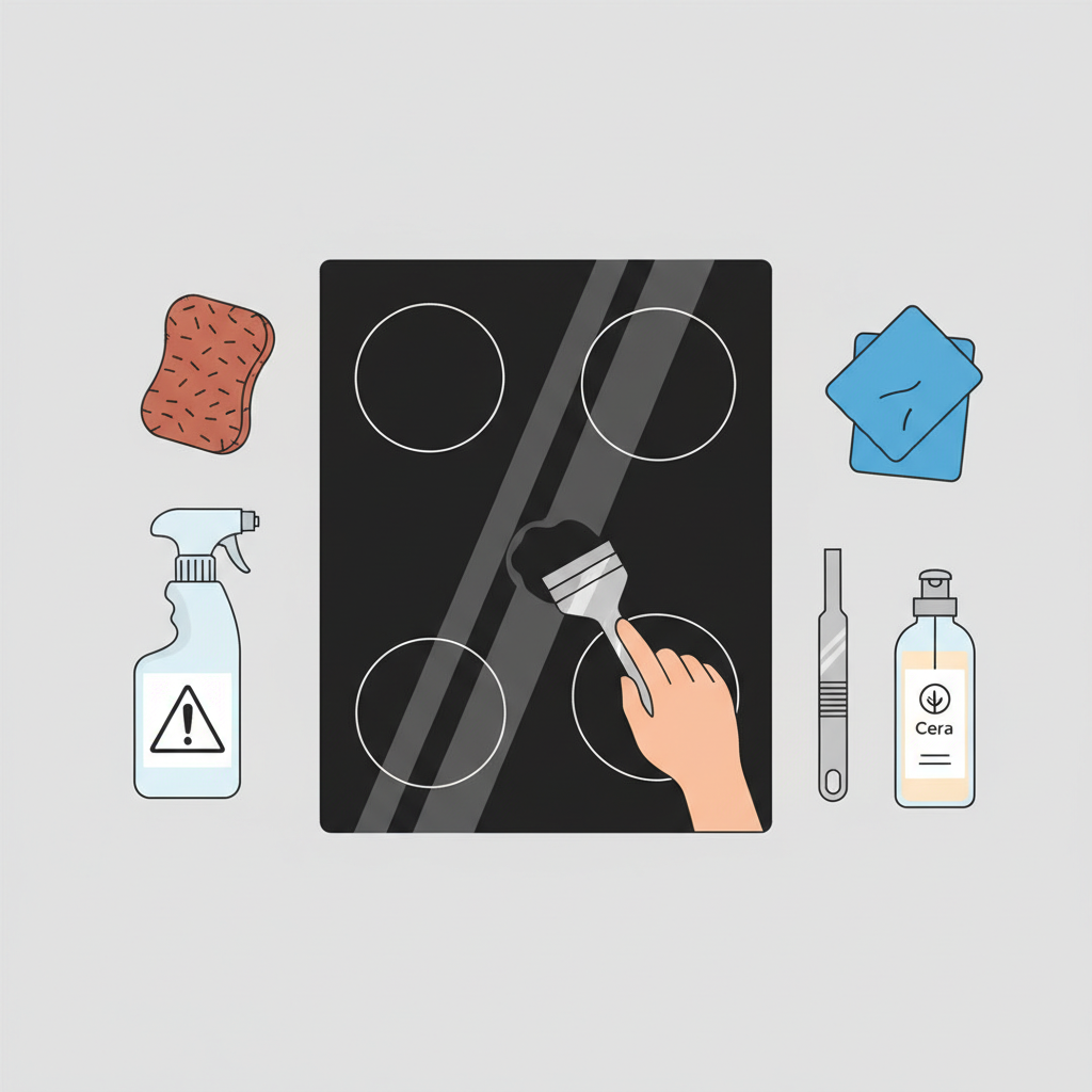 A vibrant, clean flat lay illustration in a modern, minimalist style showing a ceramic hob as the central element. Arranged around the hob are various cleaning tools and products. On one side, incorrect cleaning tools are depicted, such as a rough, abrasive scouring pad and a harsh, generic cleaning bottle. On the other side, suitable tools are shown: a specialized ceramic hob scraper, a soft microfibre cloth, and a bottle of a gentle, dedicated ceramic hob cleaner. A hand is gently using the scraper on a small, implied burnt spot on the hob, indicating careful cleaning.