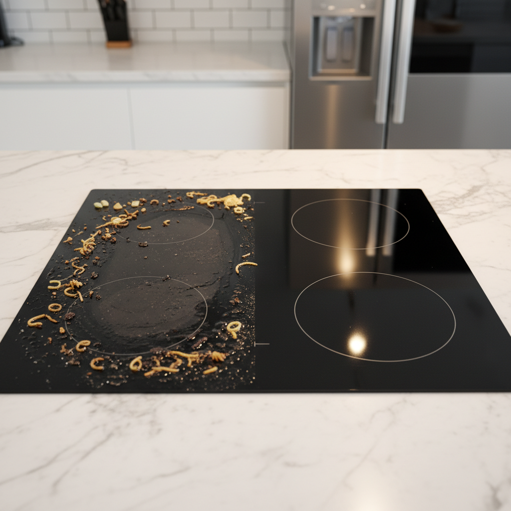 A split-scene professional photo in a modern kitchen setting. One half of a sleek, black ceramic hob is depicted with visible, dried-on food spills, burnt residue, and grease marks, looking dull and unkempt. The other half is pristine, sparkling, and highly reflective, showcasing its smooth, glossy surface as if freshly cleaned. The lighting emphasizes the dramatic before-and-after contrast, with warm, natural light highlighting the cleanliness and shine.