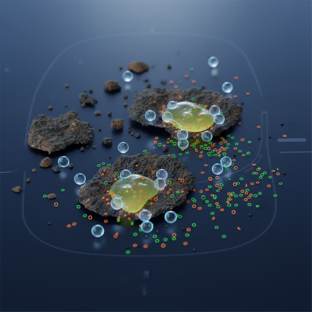 An abstract, high-magnification infographic-style illustration depicting the cleaning action on a ceramic hob surface. Show stylized, stubborn dirt particles (e.g., burnt food bits, grease globules) clinging to the smooth, dark surface. Tiny, spherical, non-abrasive cleaning particles are depicted gently lifting and detaching the dirt. Simultaneously, surfactant molecules (represented as small, encircling structures) are encapsulating grease particles, ready to be wiped away. The overall effect is clean, scientific, and visually explains the gentle yet effective cleaning process.