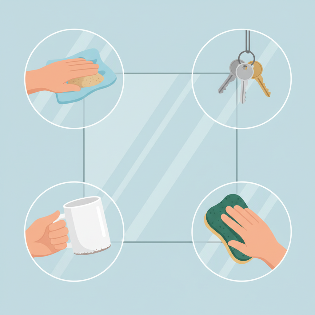 A clean, professional flat illustration depicting various common causes of scratches on a generic glass surface. The illustration features a large, transparent glass pane or screen as a central element. Around it, smaller vignettes show: microscopic sand particles being dragged by a cleaning cloth, a cluster of metal keys dropping onto the glass, a sharp ceramic mug rim scraping across the surface, and an abrasive, rough-textured cleaning pad actively scrubbing the glass. The focus is on the damaging interaction of these elements with the smooth glass, emphasizing the 'cause' aspect without showing actual damage, just the potential. Use a modern, light color palette.