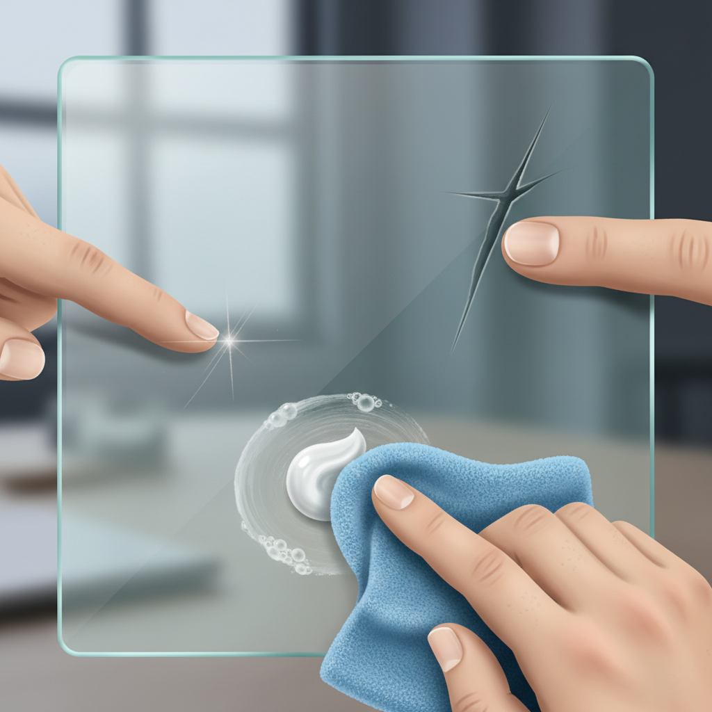 A detailed close-up illustration showcasing two distinct types of glass scratches and a simple remedy. On the left side of a smooth glass surface, a very fine, superficial scratch is barely visible, perhaps highlighted by a subtle play of light, with a generic fingertip gently brushing over it. On the right, a visibly deeper scratch is clearly defined, with a generic fingernail clearly snagging within its groove, indicating its depth. Below, a small blob of white toothpaste is being applied onto the superficial scratch area with a soft, circular motion using a microfiber cloth held by a human hand. The style is realistic illustration with clear focus.