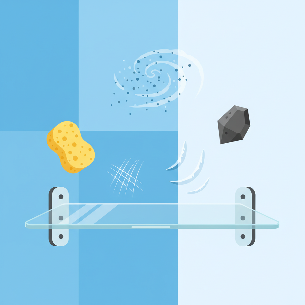 A vibrant, clean flat illustration depicting a sleek glass shelf in a modern setting. On the shelf's surface, several distinct scratches are visible: fine hairline scratches and a couple of deeper, more pronounced grooves. Surrounding the shelf, stylized, abstract representations of common causes float gently: a rough, abrasive cleaning sponge, a minuscule cloud of dust particles, and a small, hard object with a sharp edge, all hinting at how they might inflict damage. The color palette should be bright and inviting, emphasizing the contrast between the clean glass and the imperfections.