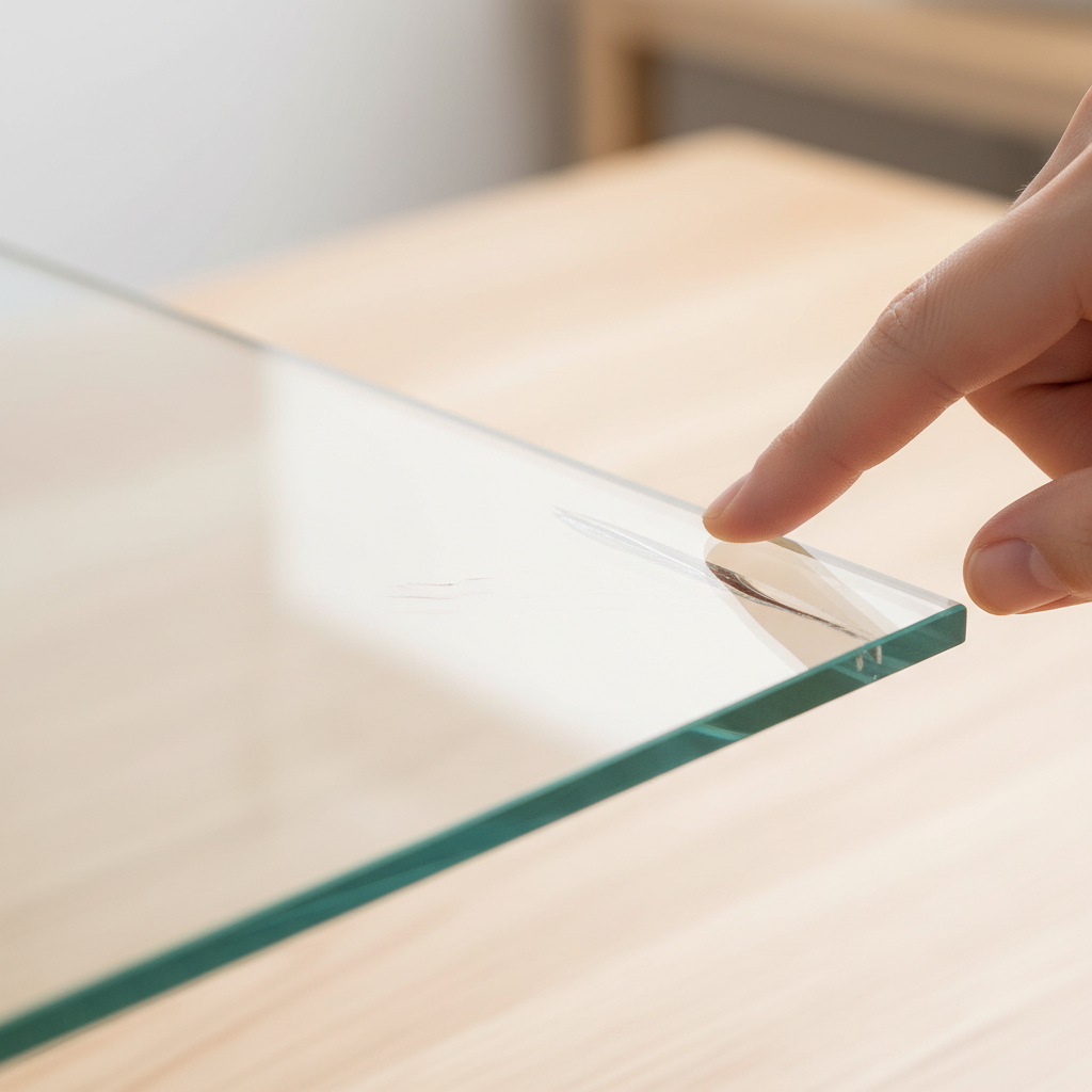 A highly detailed, photorealistic close-up image showing a section of a clear glass shelf with two distinct types of scratches. One area features a subtle, almost invisible surface scratch, while another clearly displays a deeper, more pronounced groove. A human hand (gender-neutral, clean and well-groomed) with a fingernail is gently hovering over or lightly touching the deeper scratch, visually illustrating the act of assessing its depth. The lighting should be sharp, highlighting the transparency of the glass and the subtle imperfections caused by the scratches.