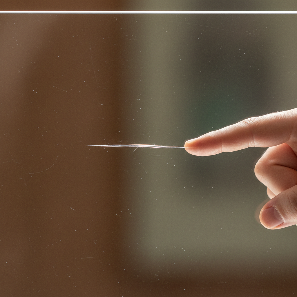 A close-up, high-detail professional photo focusing on a section of a transparent glass display case. The glass surface prominently features two distinct types of scratches: very fine, almost invisible superficial scratches that subtly catch the light, and a deeper, more pronounced scratch clearly visible. A human hand's index finger is gently touching the glass surface near the deeper scratch, illustrating the 'fingernail test' without any actual scratching motion. The background is softly blurred to emphasize the glass and its imperfections. The overall mood should be informative and precise, highlighting the problem clearly for identification.