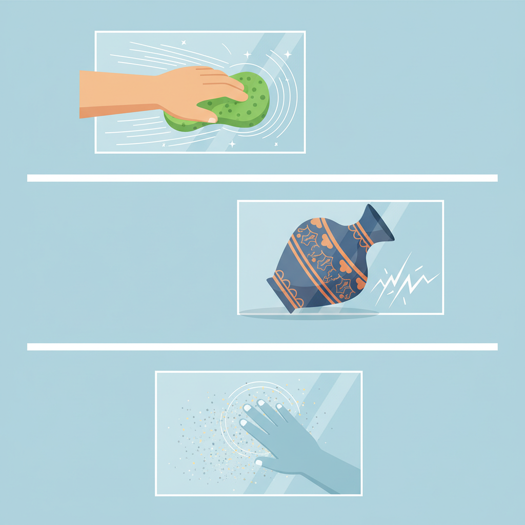 A vibrant, infographic-style flat illustration depicting a multi-panel scene illustrating common causes of glass scratches. One panel shows an exaggerated depiction of a person vigorously scrubbing glass with an abrasive, harsh sponge, generating fine lines. Another panel displays a heavy, decorative object (like a ceramic vase) being slid across a glass surface, leaving a more significant scratch. A third panel subtly indicates a cloud of dust particles settling on glass or being rubbed into it by an abstract hand. The color palette is clean and modern, using clear visual metaphors to convey the causes without being cluttered.