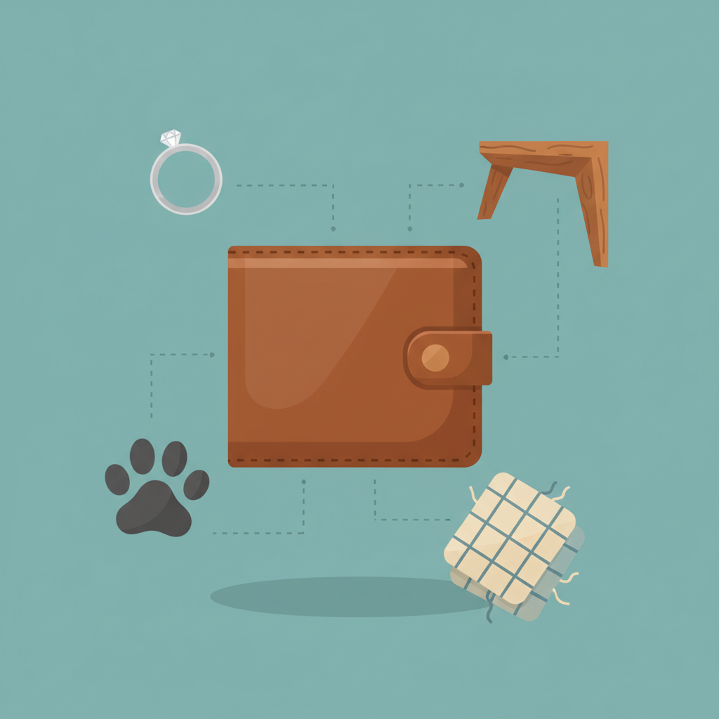 A vibrant, flat illustration depicting a smooth leather surface, such as a segment of a shoe or wallet. Around it, various small, stylized elements represent common causes of scratches. These elements could include a delicate silver ring, a stylized pet paw, a sharp corner of a piece of furniture, and a rough-textured cleaning cloth. The scene should visually communicate the diverse origins of leather damage in an easily digestible, infographic style, without showing any actual damage on the main leather surface.