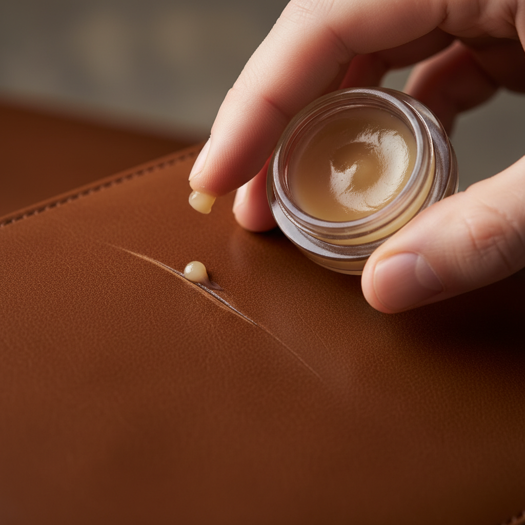 A realistic digital painting or high-detail macro photograph showcasing a hand gently applying a translucent, balm-like substance onto a visible scratch on a rich brown Glattleder surface. The focus is on the healing action, with the scratch appearing to soften and blend into the surrounding leather as if being carefully restored. The lighting should emphasize the texture of the leather and the careful, restorative movement, conveying a sense of gentle yet effective treatment and the potential for rejuvenation.
