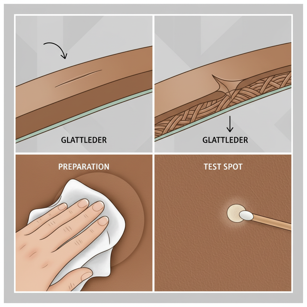 An infographic-style illustration with a clean, segmented layout. On one side, a magnified cross-section view of Glattleder shows a superficial scratch, barely breaking the top layer. On the other side, a similar cross-section reveals a deeper scratch penetrating further into the leather's fibers. In the background or surrounding area, subtle visual cues for 'preparation' like a clean, soft cloth for initial cleaning and a small patch of leather being subtly dabbed (representing a test spot) are present, visually explaining the concepts of scratch depth and initial assessment.