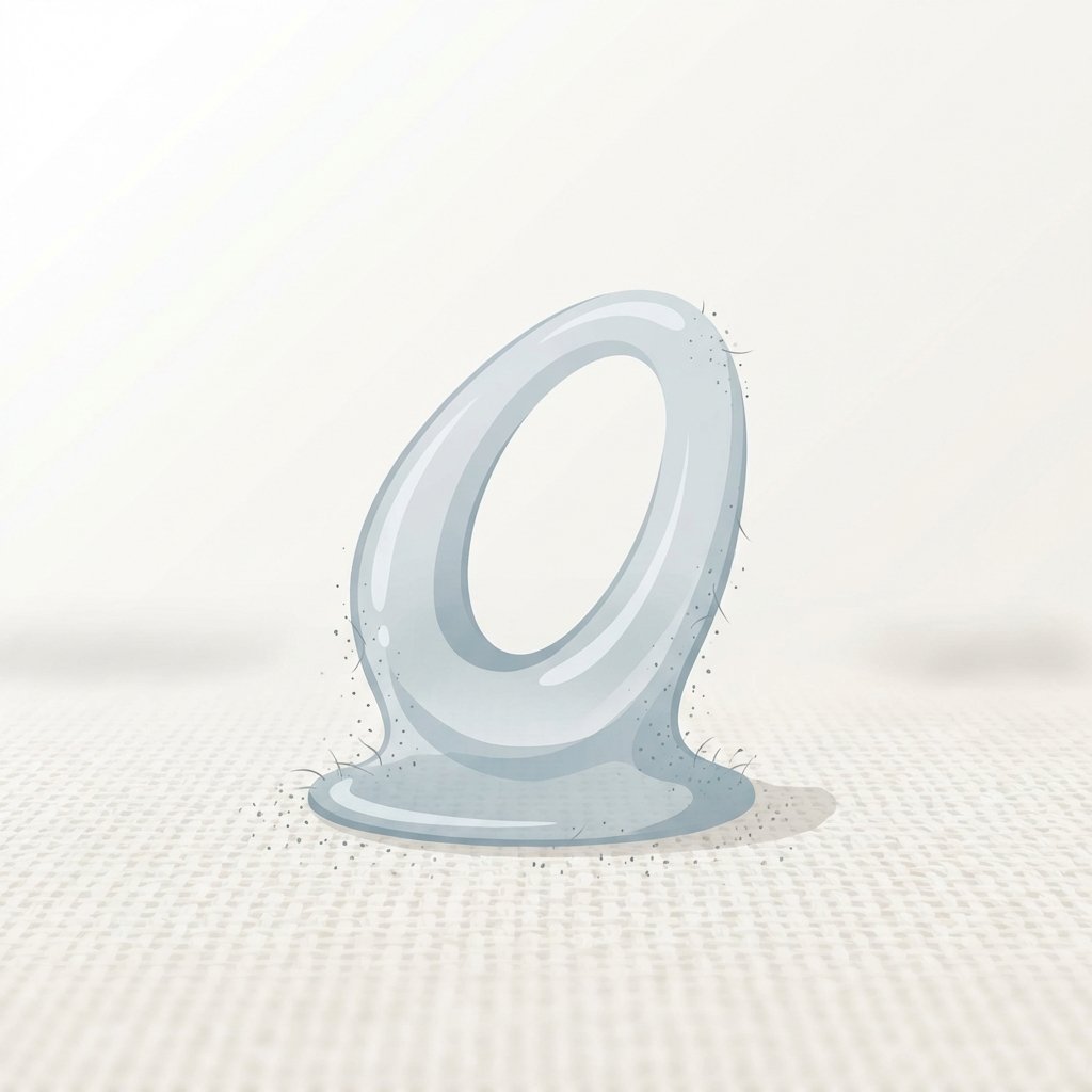 A clean, minimalist flat illustration depicting a single, viscous, transparent droplet of glycerin falling onto a light-colored fabric surface, like a white cotton t-shirt. The droplet is starting to spread slightly, showing its sticky, sirupy texture, and subtly attracting small, fine dust particles or fibers to its edges, hinting at its hygroscopic nature and tendency to gather dirt. The background should be soft and uncluttered, emphasizing the interaction between the glycerin and the fabric. The overall mood is informative and clean.
