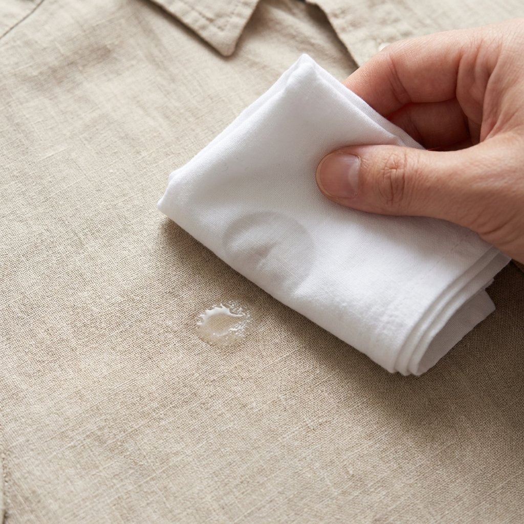 A close-up, high-angle professional photo demonstrating the initial step of glycerin stain removal on a textured textile, such as a beige linen shirt. A subtle, slightly translucent and sticky-looking stain is visible on the fabric. A clean, folded white cloth or paper towel is gently pressed down onto the center of the stain, with a faint moist area appearing on the cloth, indicating absorption. The emphasis is on the gentle blotting motion, with no rubbing. The lighting is bright and natural, highlighting the fabric's texture and the careful action being performed.