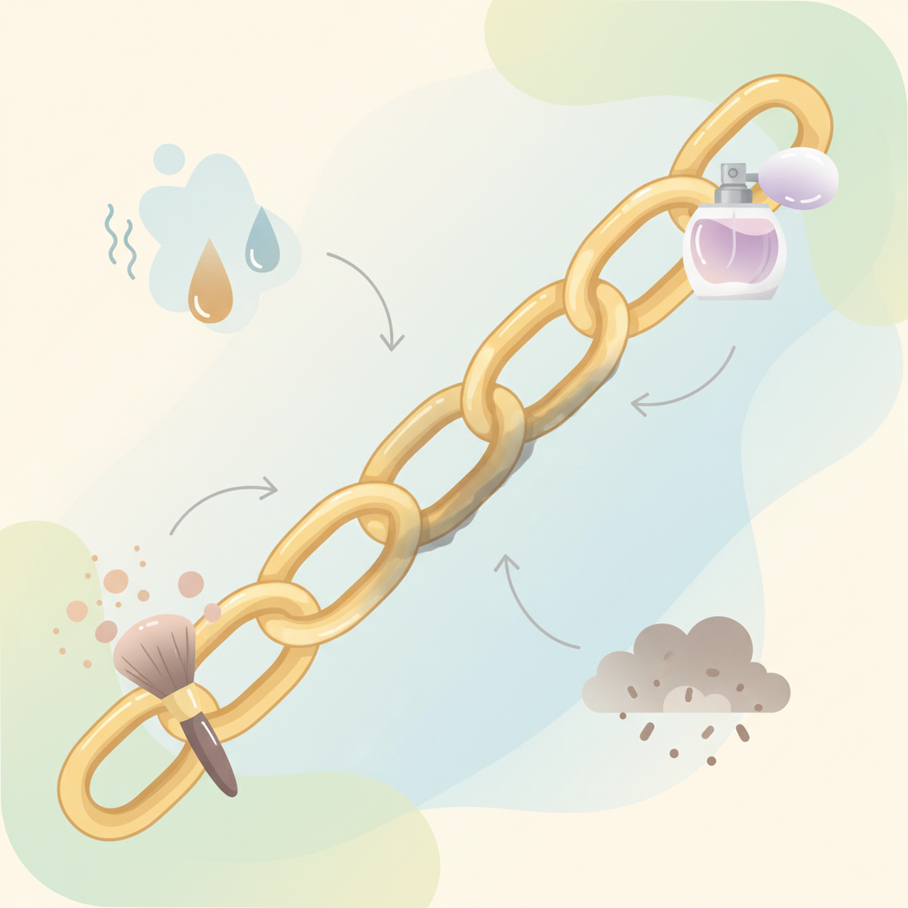 An infographic-style illustration depicting a gold chain at the center, surrounded by various elements representing common contaminants. These elements could include stylized droplets of sweat/oil, a cosmetic brush with tiny powder particles, a miniature perfume bottle emitting a cloud, and abstract representations of dust or environmental pollutants. Arrows subtly point from these elements towards the chain, suggesting their impact on its surface, causing a slight dullness or a subtle dark film to appear on parts of the chain. The overall aesthetic should be clean and informative, using a soft color palette.