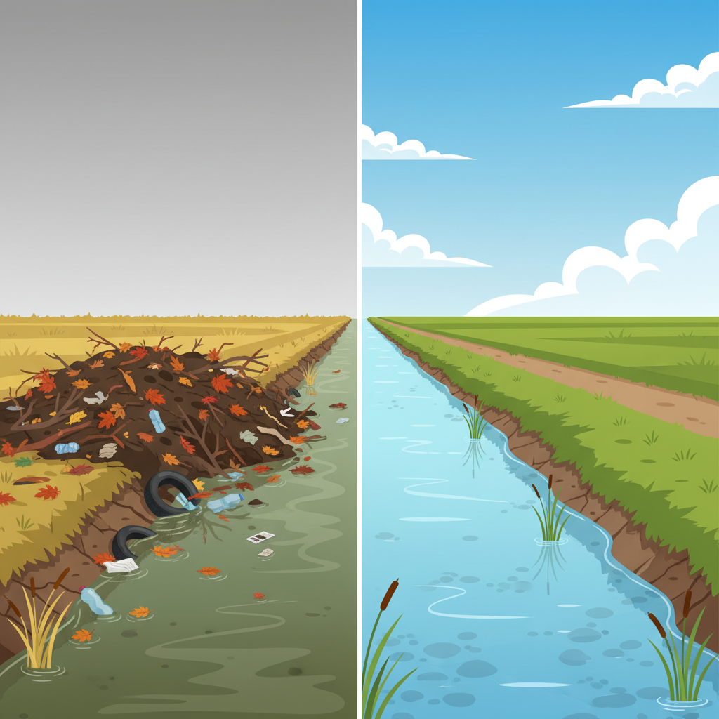 A split-screen or side-by-side illustration contrasting two sections of a drainage ditch. On the left side, the ditch is heavily clogged with mud, leaves, branches, and trash, with stagnant, dirty water overflowing its banks into a surrounding field or pathway. On the right side, the same ditch appears clean and well-maintained, with clear water flowing smoothly, showing a healthy, functional watercourse. The overall image should clearly demonstrate the negative impact of neglect versus the positive outcome of maintenance. Flat illustration, clean lines, and vibrant colors to make the contrast stark.