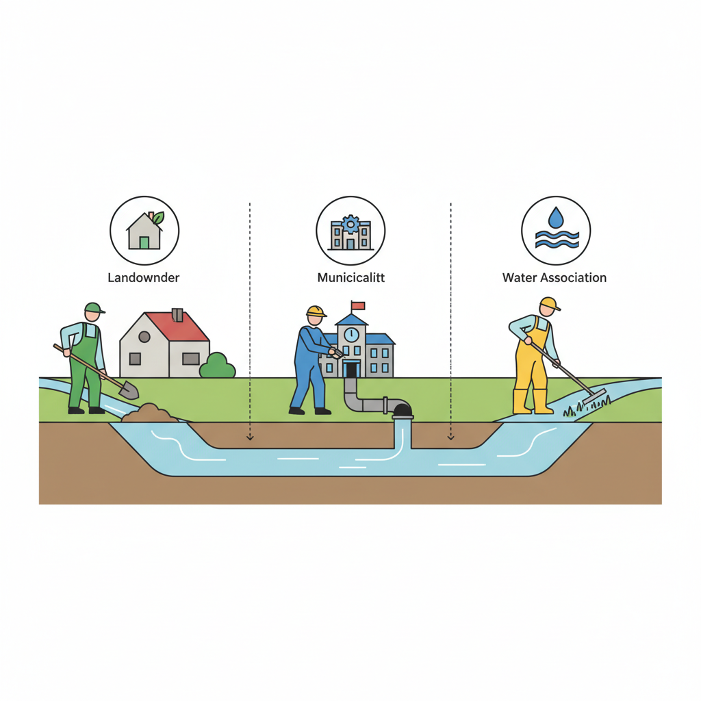 An infographic-style illustration depicting a cross-section of a landscape with a drainage ditch. Above the ditch, different symbolic figures represent the responsible parties. A small house with a generic human figure nearby symbolizes a landowner tending to their property's ditch section. A city hall icon with a worker figure represents a municipality overseeing a public ditch. A river symbol with a specialized worker figure represents a water association responsible for larger water systems. All figures are generic and faceless. The illustration highlights the division of responsibility for different ditch sections. Clean, professional flat illustration style.