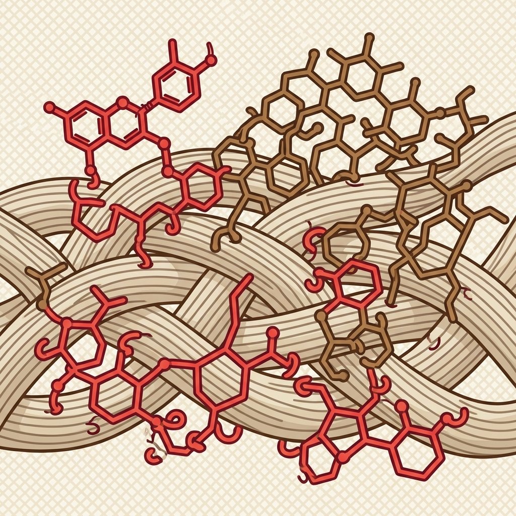 A detailed flat illustration in an infographic style, showing a close-up, microscopic view of fabric fibers. Stylized red molecules (representing anthocyanins) and intricate brown molecules (representing tannins) are deeply embedded within the woven threads, visually demonstrating their tenacious grip and how they intertwine with the fabric structure. The background features a subtle, light-colored textile texture. The image conveys the scientific reason behind stubborn pomegranate stains.