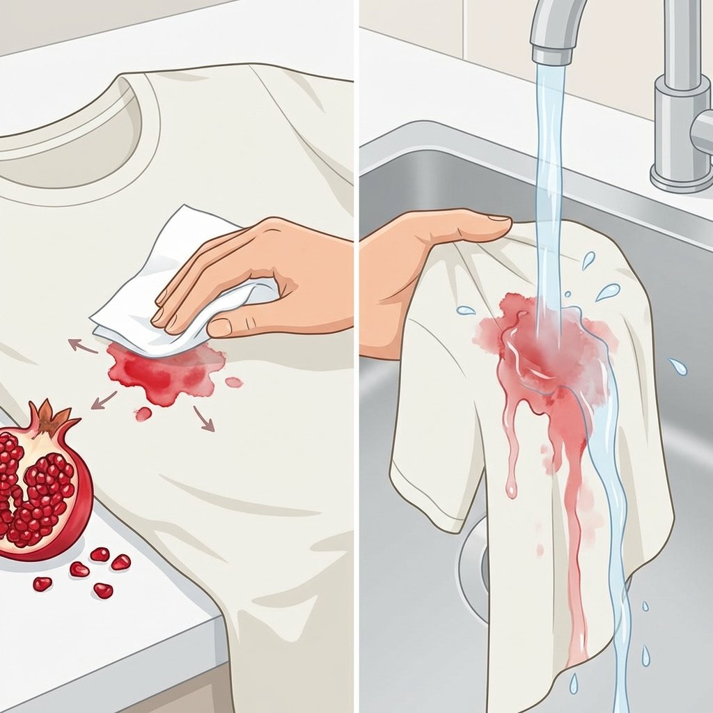 A split-panel illustration showing immediate actions for a fresh pomegranate stain on a light-colored garment, like a white t-shirt. The left panel depicts a hand gently dabbing a vibrant red pomegranate stain with a clean white paper towel, showing the dabbing motion from outside-in without rubbing. The right panel shows the stained area of the garment held under a gentle stream of cold running water, with the red pigment visibly rinsing away from the fabric fibers. The scene is bright and clean, emphasizing quick and careful intervention.