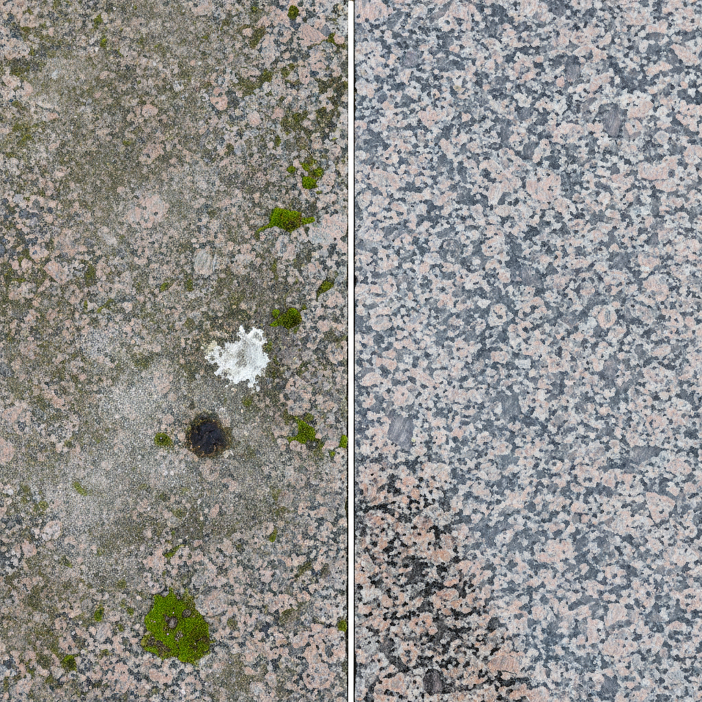 A realistic, professional overhead photograph of an outdoor granite patio or pathway, visually divided into two contrasting halves. The left half shows the granite before cleaning, covered with common outdoor impurities: patches of vibrant green moss and algae, a prominent white bird droppings stain, a dark, oily smudge, and general dust. The right half displays the same granite surface post-cleaning, sparkling clean and pristine, showcasing its natural patterns and smooth texture. The transition between the dirty and clean sections is sharp and clear.