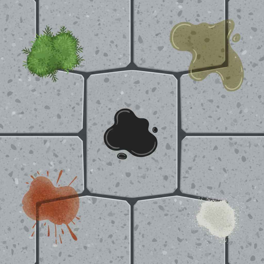 A clean, top-down flat illustration of a section of outdoor granite paving. The illustration depicts five distinct, small areas of different common outdoor contaminants artfully placed on the granite surface. These include a vivid green patch of moss, a subtle greenish-brown algal film, a dark, viscous oil spot, a reddish-brown rust stain, and a light grey accumulation of general dirt/dust. Each contaminant is clearly distinguishable against the natural grey tones of the granite, highlighting various types of soiling.
