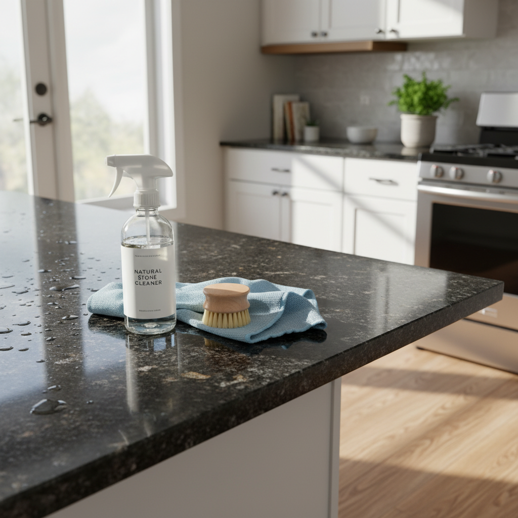 A pristine, glossy granite kitchen countertop reflecting light, with a few gentle cleaning tools like a soft microfibre cloth and a subtle spray bottle of a mild, natural cleaner arranged beside it. The background features a clean, modern kitchen environment, perhaps with subtle natural light streaming in. The image should convey a sense of elegance, cleanliness, and the effortless maintenance of beautiful granite surfaces, highlighting the end result of proper care. The focus is on the sparkling granite and the tools, suggesting a gentle cleaning process. Professional photo, clean, bright, and inviting.
