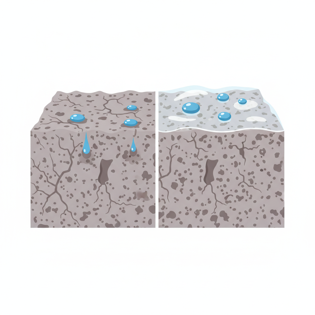 A clear, informative flat illustration depicting the porous nature of granite and the protective effect of sealing. One half of the image shows a magnified cross-section of granite, with subtle, visible internal pores and small liquid droplets just beginning to penetrate the surface. The other half, seamlessly integrated, shows the same granite cross-section, but with a transparent, smooth protective layer representing the sealant, effectively repelling liquid droplets from the surface. The visual contrast should clearly illustrate the importance of sealing for stain prevention and protection of the stone's integrity. Scientific diagram style, clean, informative, with a focus on visual metaphors.