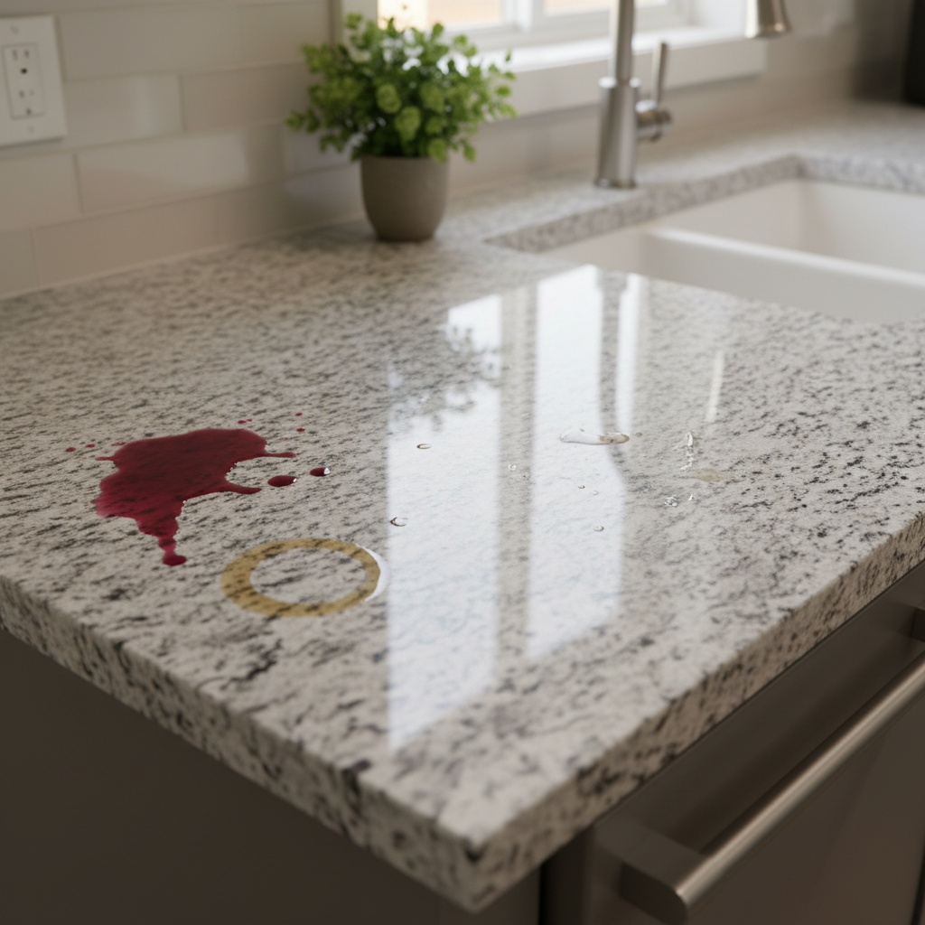 A professional, high-quality photograph capturing a modern kitchen scene. On a beautiful, textured granite countertop, one section is marred by a few common stains: a vibrant red wine splash, a dark coffee ring, and a translucent oil smudge. Adjacent to the stained area, the same granite countertop is impeccably clean and polished, reflecting ambient light and showcasing its natural patterns. The image should convey a sense of problem and solution, highlighting the beauty of clean granite against the challenge of stains, with soft, natural lighting.