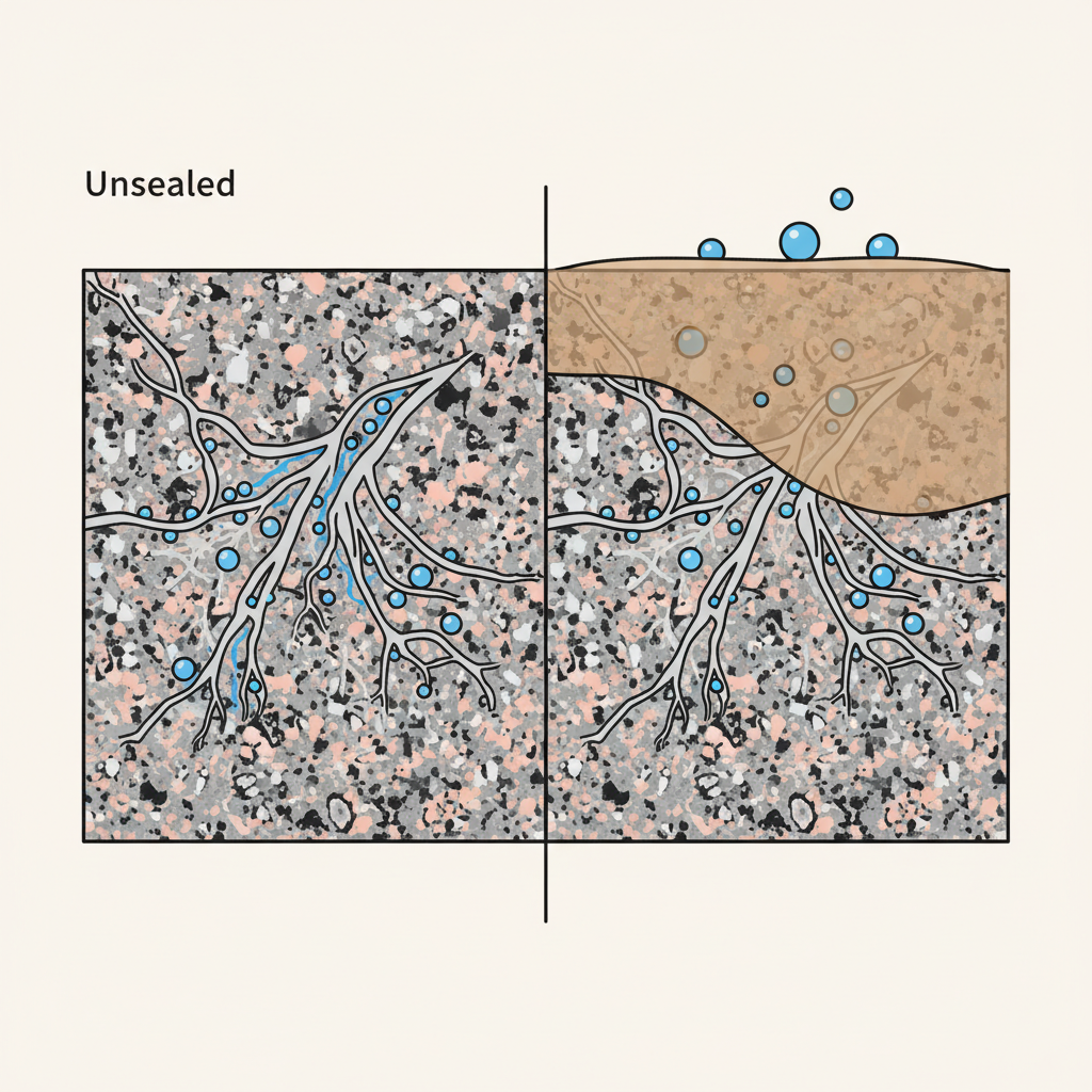 An infographic-style illustration clearly depicting the concept of granite porosity and sealing. The left side shows a magnified cross-section of unsealed granite, with small liquid molecules (representing water or stains) visibly seeping into the stone's intricate internal network of pores. The right side displays a magnified cross-section of sealed granite, where identical liquid molecules are shown beading up on the surface, unable to penetrate the protective barrier. Use clean lines, a limited color palette with natural stone tones, and a clear, conceptual visual language.