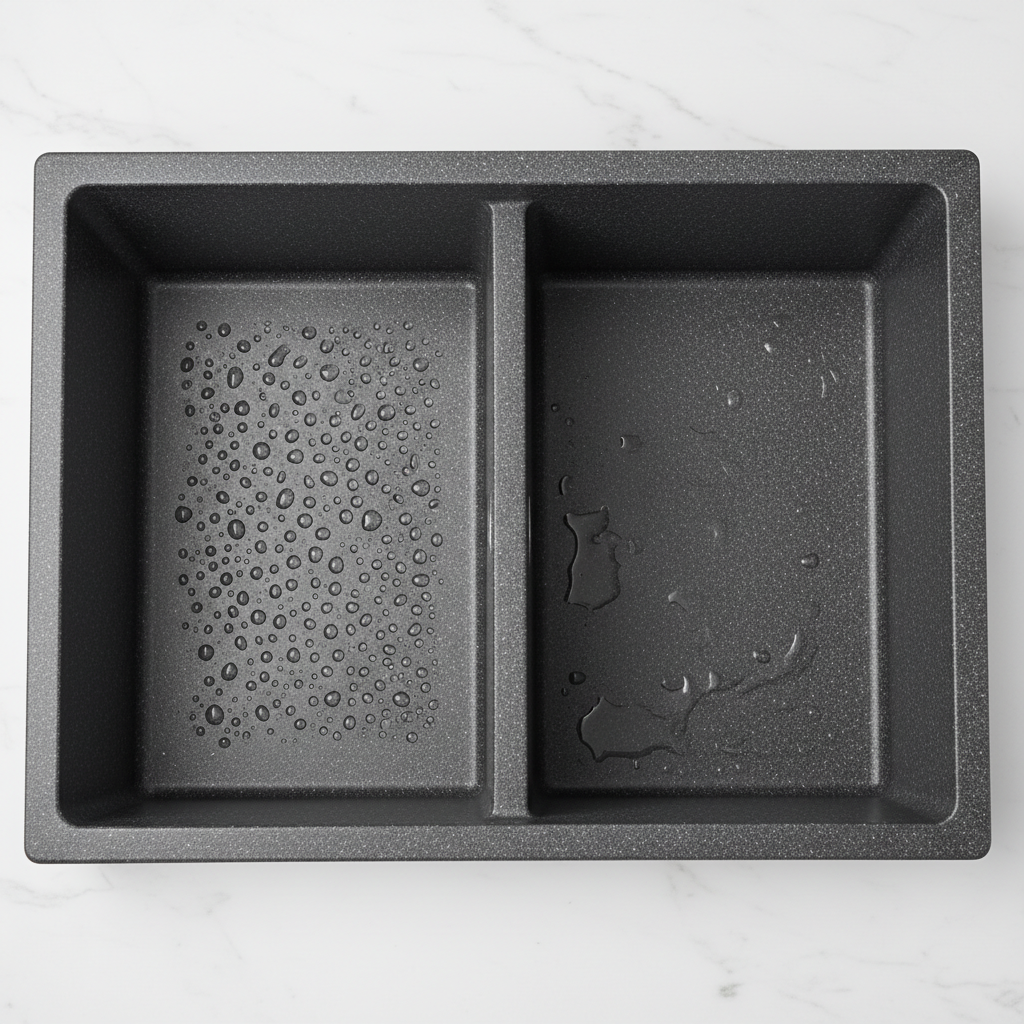 A close-up, high-angle professional photograph capturing a modern kitchen sink made of dark grey granite composite. One half of the sink bowl is visibly sparkling clean, polished, and shows water droplets beading perfectly on its surface, reflecting light. The other half, subtly blending into the first, displays faint watermarks and a slight dullness, hinting at the need for cleaning. The overall image should convey freshness, hygiene, and the striking difference proper care makes, highlighting the material's elegant texture. The lighting is bright and inviting.