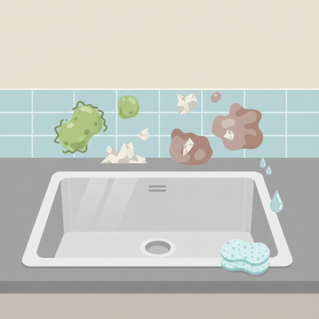 A vibrant, flat illustration depicting a stylized, pristine granite sink in a kitchen setting. Surrounding the sink, abstract visual metaphors for common impurities like soft green 'bacteria' blobs, jagged white 'lime scale' fragments, and faded brown 'stain' shapes are clearly separated from the sink's surface. A gentle, soft-textured cleaning sponge and a few clear water droplets are subtly shown near the sink, implying ongoing care and protection, enhancing the sink's inherent durability and cleanliness. The background is simple and uncluttered.
