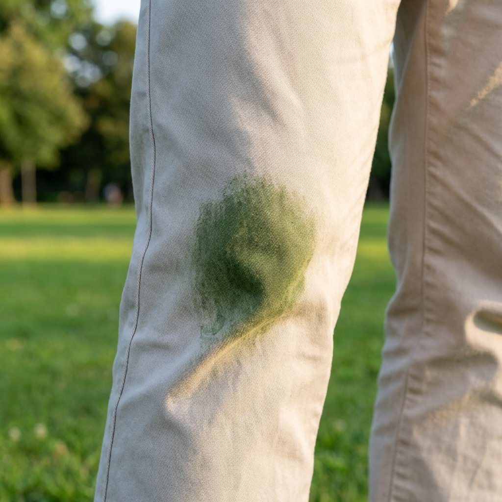 A vibrant, professional photo capturing a close-up of a pair of casual trousers, perhaps light-colored jeans or beige chinos, with a distinct, fresh green grass stain prominently visible on one knee. The stain appears deep-set in the fabric fibers, emphasizing its stubborn nature. In the softly blurred background, a hint of an outdoor setting like green grass or a park can be seen, subtly suggesting the origin of the stain. The overall image should convey the common annoyance of grass stains clearly and appealingly.