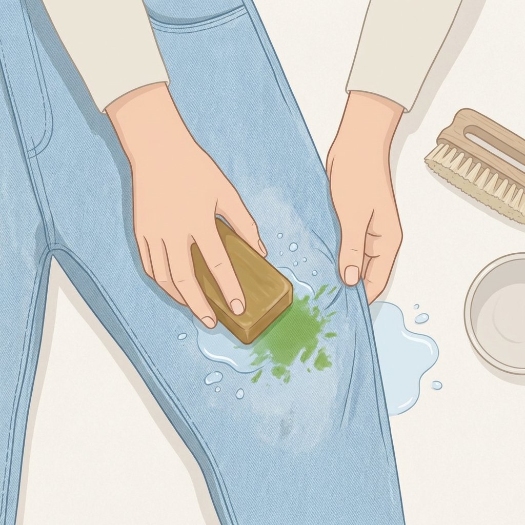 A clean, instructional flat lay illustration depicting the removal process using a common home remedy. The central focus is a piece of fabric, like a pant leg, with a prominent green grass stain. A bar of traditional 'Gallseife' (bile soap) is being gently rubbed directly onto the stain by a pair of hands. A small pool of cold water or subtle water droplets are visible near the stain, indicating pre-moistening. The style should be clear and visually demonstrate the application of the remedy effectively.
