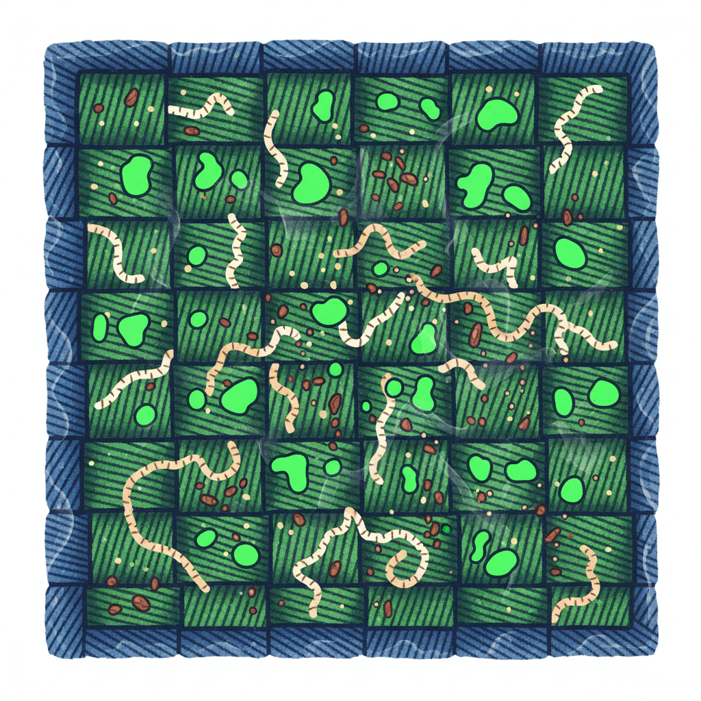 An infographic-style illustration depicting a highly magnified view of a fabric's weave, such as cotton denim. Deep within the green fibers, show abstract, illustrative representations of chlorophyll molecules (bright green, irregular shapes), protein structures (small, tangled beige or white forms), and tannin deposits (tiny reddish-brown specks), all tightly intertwined with the fabric threads. A subtle, wavy heat distortion effect emanates from the surrounding fabric, symbolizing how heat fixes the stain. The image should convey the deep, embedded nature of grass stains, using a clean, modern aesthetic.