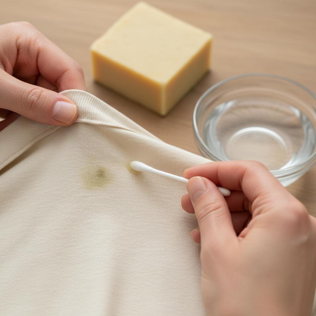 A professional, well-lit close-up photo of hands performing a stain treatment test. One hand gently holds a light-colored fabric item (e.g., a white t-shirt or light jeans) with a small, dried grass stain. The other hand, holding a cotton swab, carefully dabs a small, hidden area of the fabric (like an inside hem or seam) with a clear liquid, demonstrating the 'test an inconspicuous spot' step. In the soft-focus background, a generic bar of Gallseife (bile soap) and a small bowl of water are visible, ready for use. The overall scene should be clean, precise, and practical, emphasizing careful preparation.