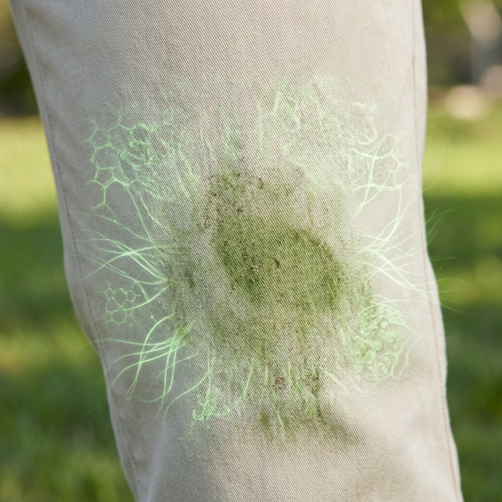 A close-up of the knee area of a pair of light-colored trousers, prominently displaying a vibrant green grass stain. The stain appears slightly embedded in the fabric. Around the stain, there are subtle, abstract visual cues suggesting the microscopic nature of chlorophyll or plant pigments, perhaps glowing green particles intertwining with fabric threads, emphasizing its stubbornness. The background is blurred, hinting at an outdoor setting like a lawn. Professional studio photo with a focus on texture and detail, combined with a subtle scientific graphic overlay.