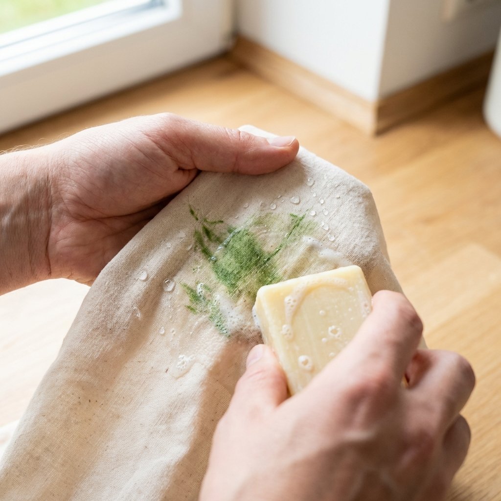 A pair of hands, possibly one adult's hand, gently holding a piece of light-colored fabric (e.g., denim or cotton) with a green grass stain. The other hand is actively rubbing a bar of solid, yellowish-white Gallseife (bile soap) directly onto the dampened stain. Water droplets are visible on the fabric around the stain, indicating preparation for cleaning. The scene is well-lit, focusing on the action and the products. Clean and bright, high-key professional photo suitable for a lifestyle or DIY blog, emphasizing clarity and practical application.
