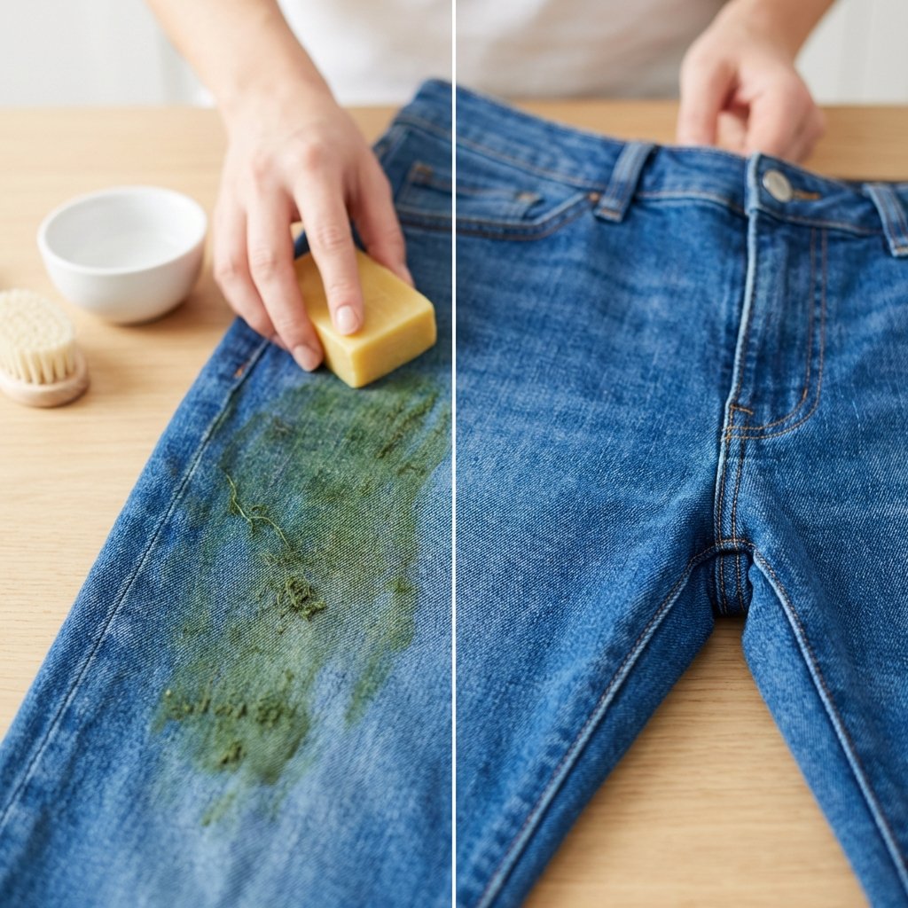 A close-up of blue denim jeans, visually split to show a 'before' and 'after' scenario. On the 'before' side, a vivid green grass stain is deeply embedded in the fabric, appearing stubborn and unsightly. On the 'after' side, the same denim area is impeccably clean and pristine, completely free of any stains. In the background, out of sharp focus, gentle hands are carefully applying a bar of natural-looking yellow bile soap (Gallseife) to the stained section. The overall aesthetic is professional studio product photography with a clean, bright, and hopeful feel.