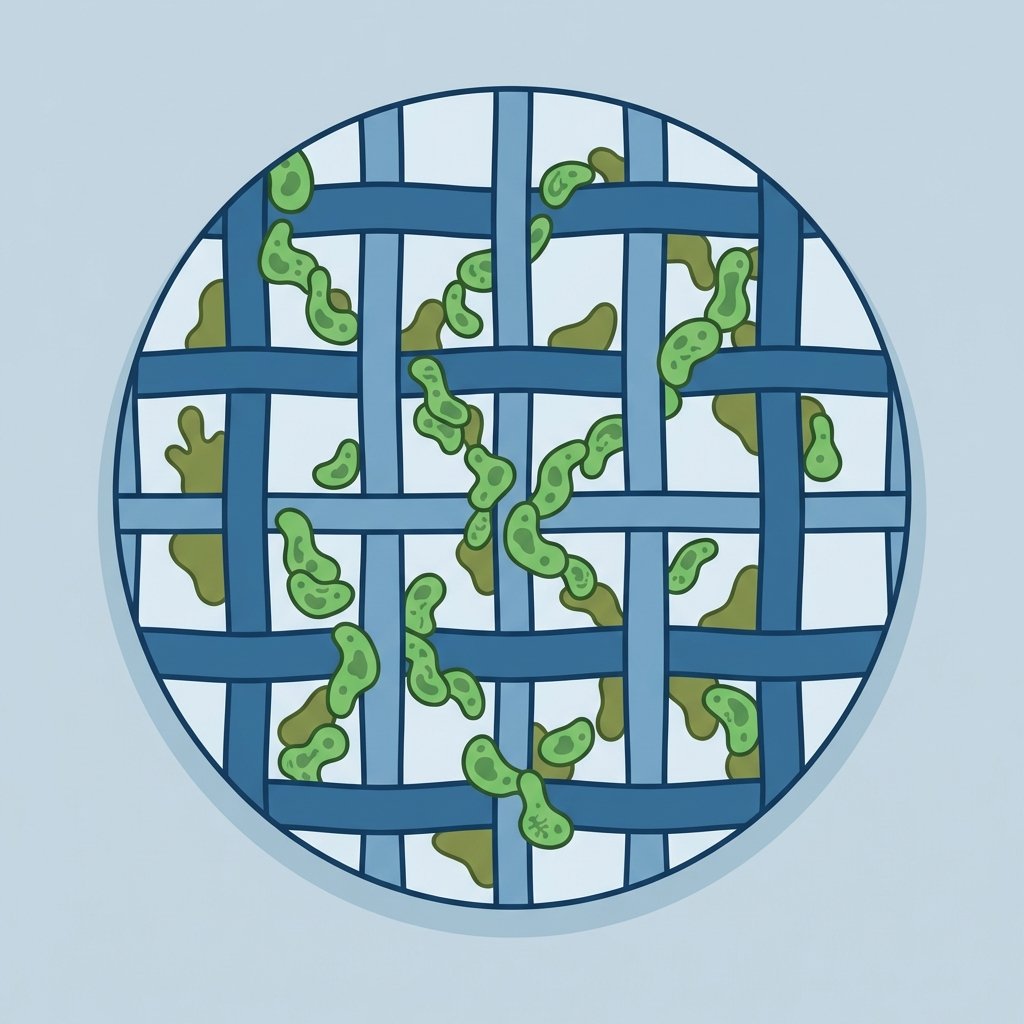 A detailed micro-illustration depicting the interaction of grass stain molecules with denim fabric fibers. Show stylized green chlorophyll-like particles, represented as small organic shapes, deeply intertwined within the individual blue threads of a denim weave, as if viewed under a conceptual microscope. The image should visually convey the idea of these particles stubbornly clinging to and embedding within the fabric structure. The overall style should be a clear, modern flat illustration with a slightly scientific, educational feel, using a limited color palette of blues and greens to highlight the contrast.