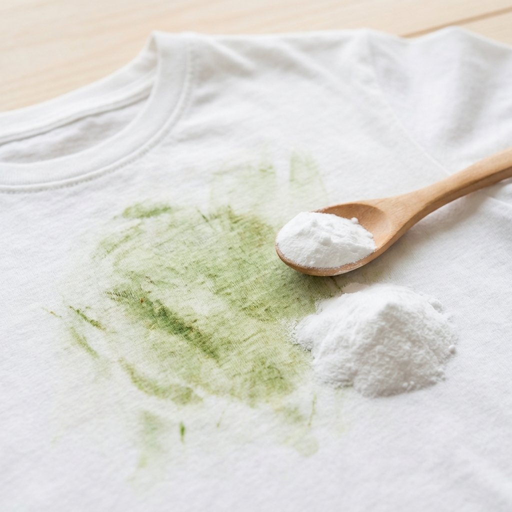 A close-up, top-down professional photo of a light-colored fabric, such as a white cotton t-shirt or a pair of beige shorts, displaying a prominent, vivid green grass stain. Next to the stain, a small, neat mound of white baking soda powder is visible, with a small wooden spoon or a fingertip gently poised to apply it. The background should be softly out of focus, creating a clean, practical setting that highlights the problem and the immediate solution. The lighting is bright and natural, conveying clarity and effectiveness.
