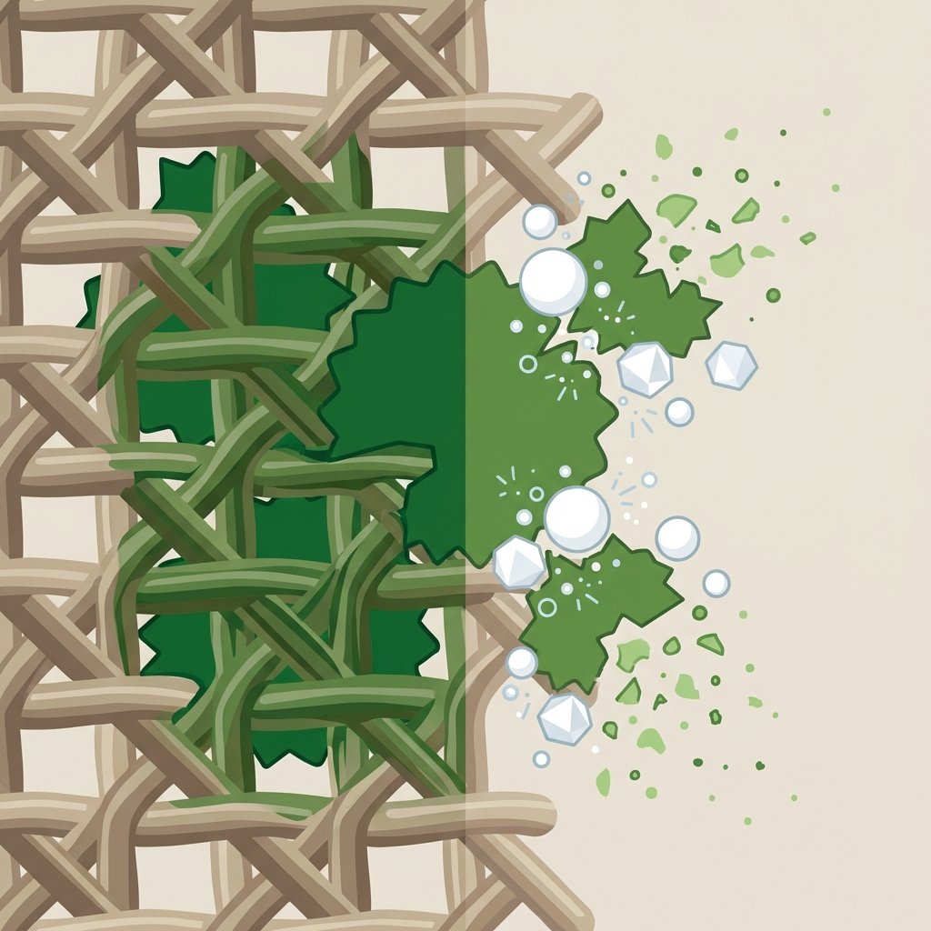 A stylized, flat illustration demonstrating the microscopic action of baking soda on a grass stain within fabric fibers. On one side, green chlorophyll molecules are shown deeply embedded and entangled within the woven threads of a fabric. On the other side, baking soda particles (represented as small, abstract white crystals or spheres) are depicted actively interacting with the green pigment, breaking it down into smaller, lighter particles, with subtle tiny bubbles indicating a chemical reaction. The image should visually communicate the dual abrasive and alkaline effects in a clear, infographic style.