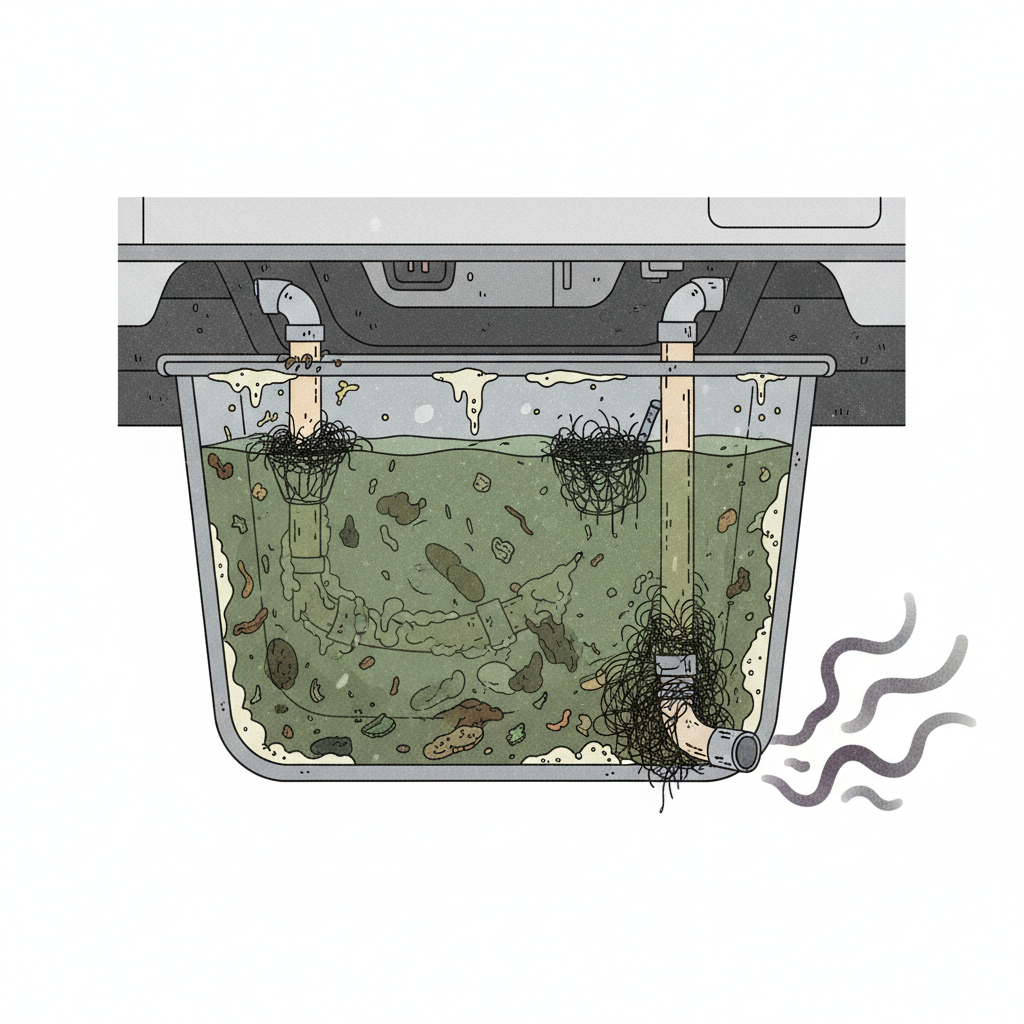 A detailed cutaway diagram illustrating the interior of a neglected grey water tank integrated into the underside of a recreational vehicle or camper. The tank is filled with murky, greenish-brown water, visibly thick with layers of accumulated soap scum, hair clogs, and food particles clinging to the tank walls and internal pipes. Dark, wavy lines representing foul odors subtly emanate from the tank's outlet. The overall impression is one of significant contamination and potential blockages, highlighting the problems of an uncleaned system. Use a clear, technical illustration style with a slightly grungy texture to emphasize the dirtiness.