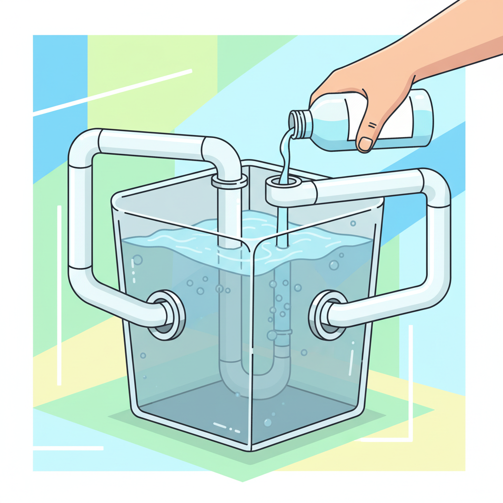 A vibrant, clean infographic-style illustration depicting a sparkling grey water tank system within an RV or tiny house. The tank itself is transparent, showing crystal-clear water flowing through perfectly clean pipes, perhaps with subtle bubbles indicating freshness and proper circulation. A gender-neutral hand is gently pouring a generic cleaning liquid from a bottle into an external inlet connected to the tank, symbolizing proactive maintenance. The surrounding area of the tank and pipes is bright, hygienic, and free of any grime or odors. Use bright colors, clean lines, and a minimalist design to convey efficiency and good hygiene.