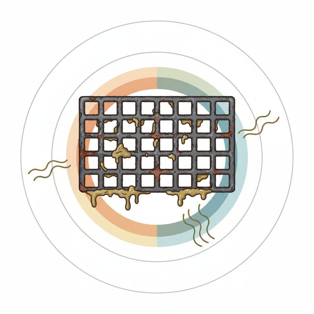 An infographic-style illustration depicting the negative consequences of a neglected cast iron grill grate. The central element is a close-up section of a dirty, uncleaned grill grate, showing significant burnt-on food particles, old grease, and patches of reddish-brown rust. Around this central element, subtle visual cues indicate problems: faint, irregular heat patterns (like subtle thermal imagery, indicating hot and cold spots) implying uneven cooking, and abstract, slightly unpleasant 'rancid' scent waves emanating from the grease. The overall impression is one of poor performance, unsanitary conditions, and deterioration. Clean vector illustration style.