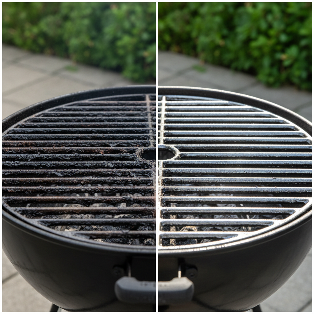 A professional, high-resolution split-screen photograph showcasing a dramatic before-and-after of a grill grate. The left side features a heavily soiled, cast-iron grill grate, encrusted with charred food residues, grease, and smoke stains, looking neglected and unappetizing. The right side displays the same type of grill grate, sparkling meticulously clean, reflecting light, with a perfectly polished, almost new appearance. The background for both sides is a subtle, out-of-focus outdoor grilling scene, emphasizing the transformation from dirty to pristine. The overall impression is one of stark contrast and the satisfaction of cleanliness.